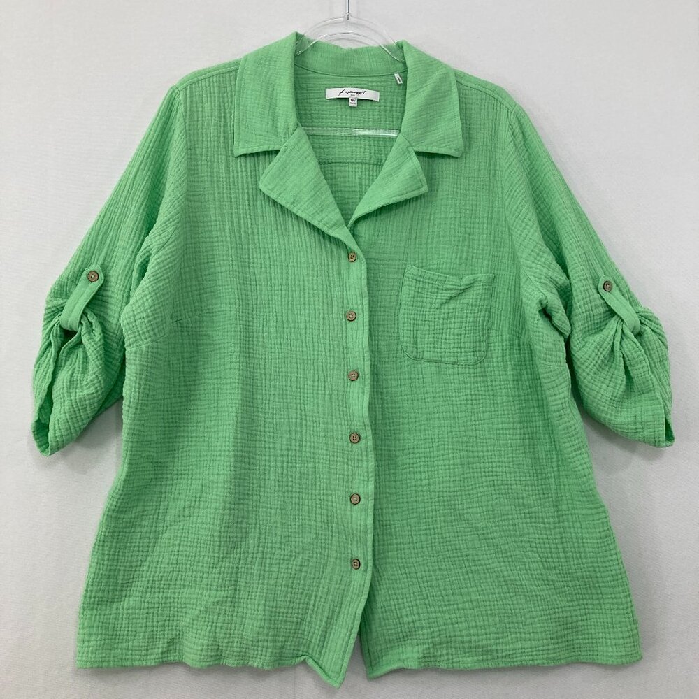 Foxcroft size 18W Green Gauzy Cotton Rolled Sleeve Relaxed Button Down Office
